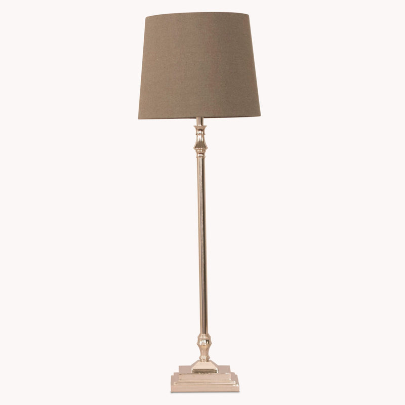 Tall slim nickel lamp with grey linen shade