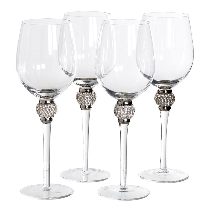 Silver Crystal Ball Diamante White Wine Glasses Set of 4
