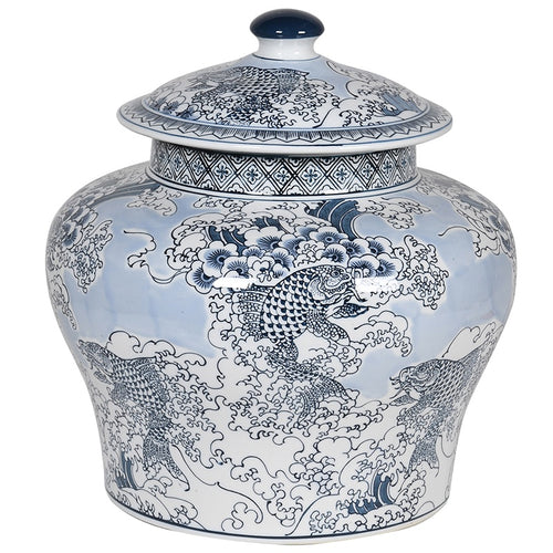 Blue And White Chinese Carp Lidded Jar