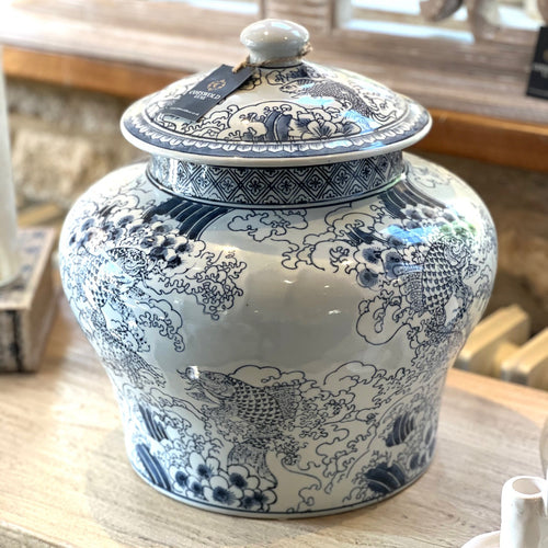 Blue And White Chinese Carp Lidded Jar