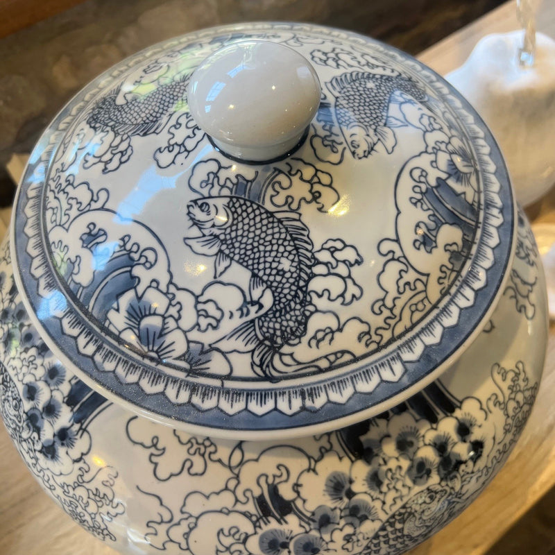 Blue And White Chinese Carp Lidded Jar