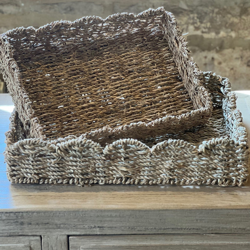 Set Of 2 Rattan Scalloped Trays