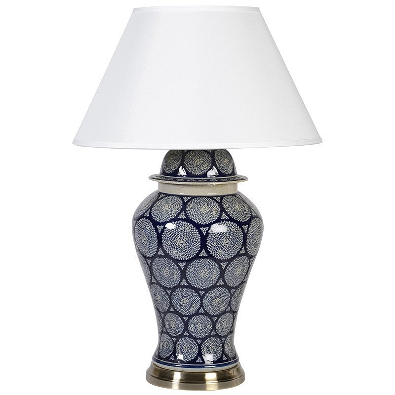 Dark navy patterned lamp with shade