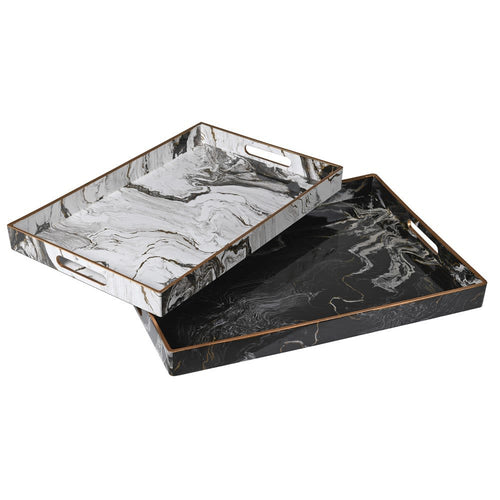 Set of 2 black and white marble effect trays