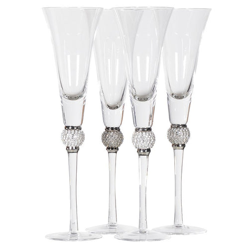 Silver Crystal Ball Diamante Champagne Glasses Set Of 4