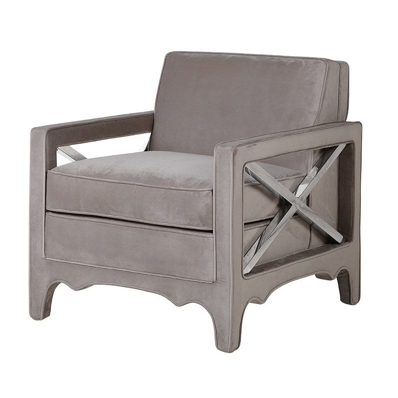 Square taupe velvet and chrome arm chair