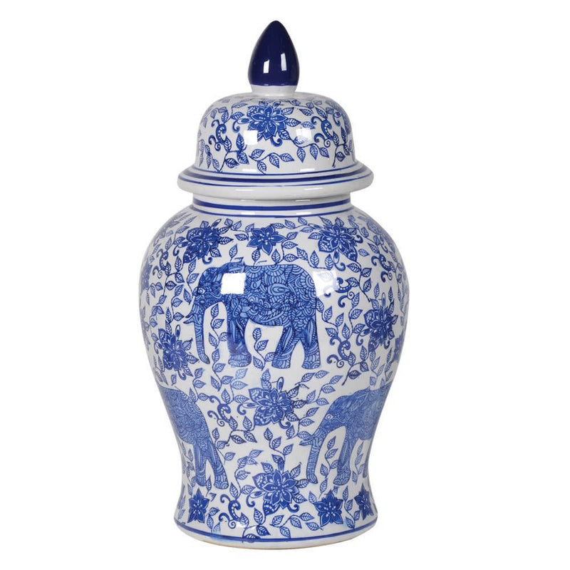 Small blue and white ceramic temple jar
