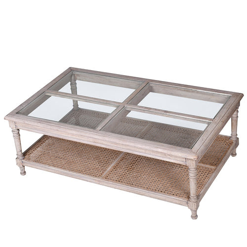 Washed wooden and glass coffee table