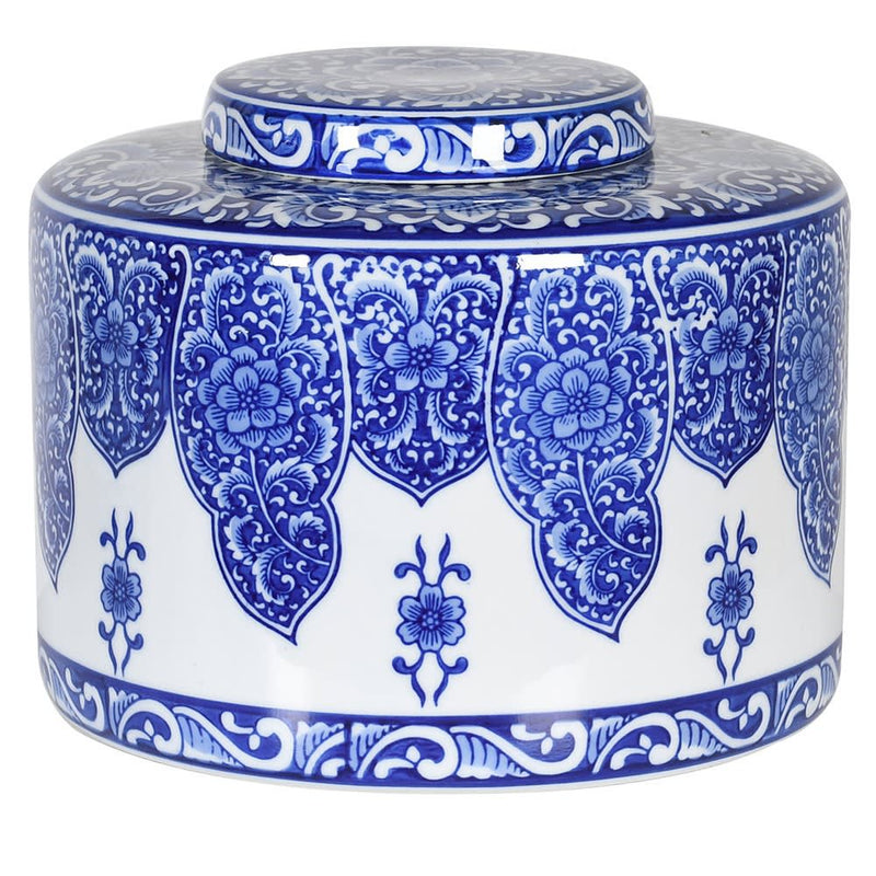 Blue and white patterned jar with lid