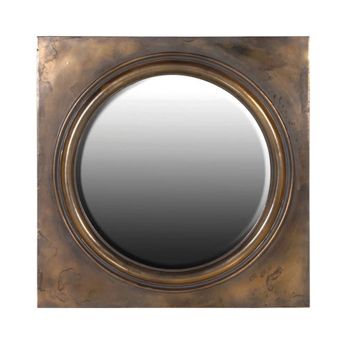 Antiqued brass circular mirror in square frame