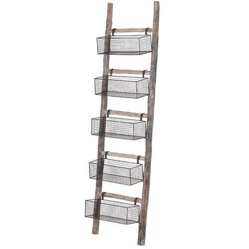 Rustic Wooden Ladder With 5 Wire Baskets