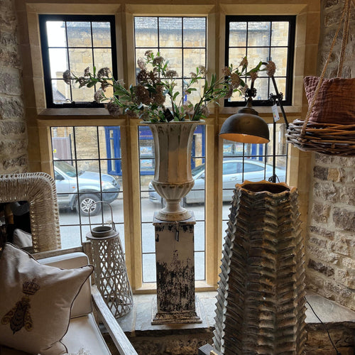 Aged Metal Urn & Plinth - Cotswold Luxe