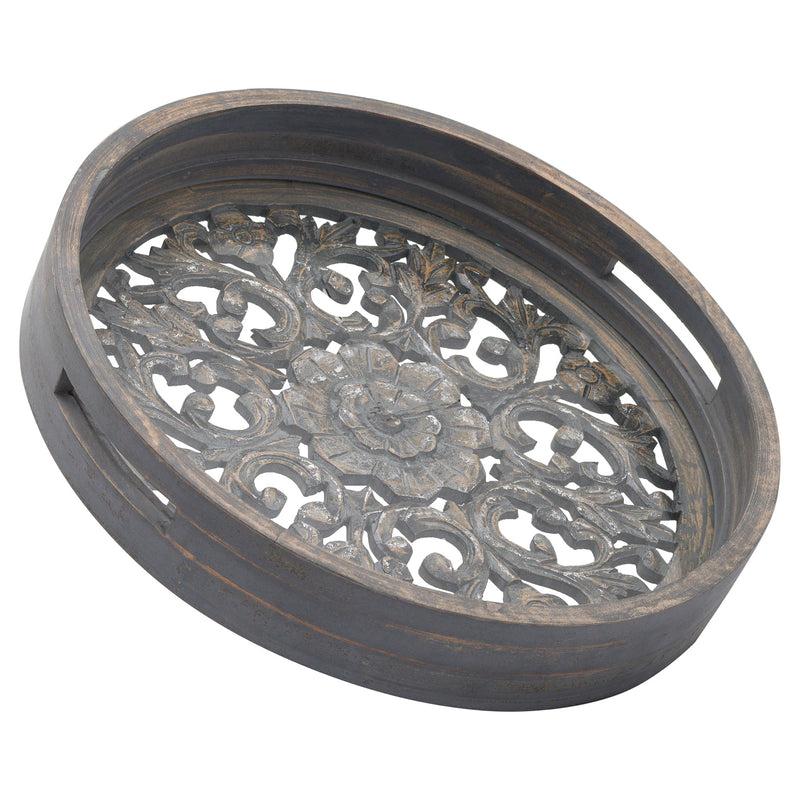 Carved Antiqued Metallic Round Trays