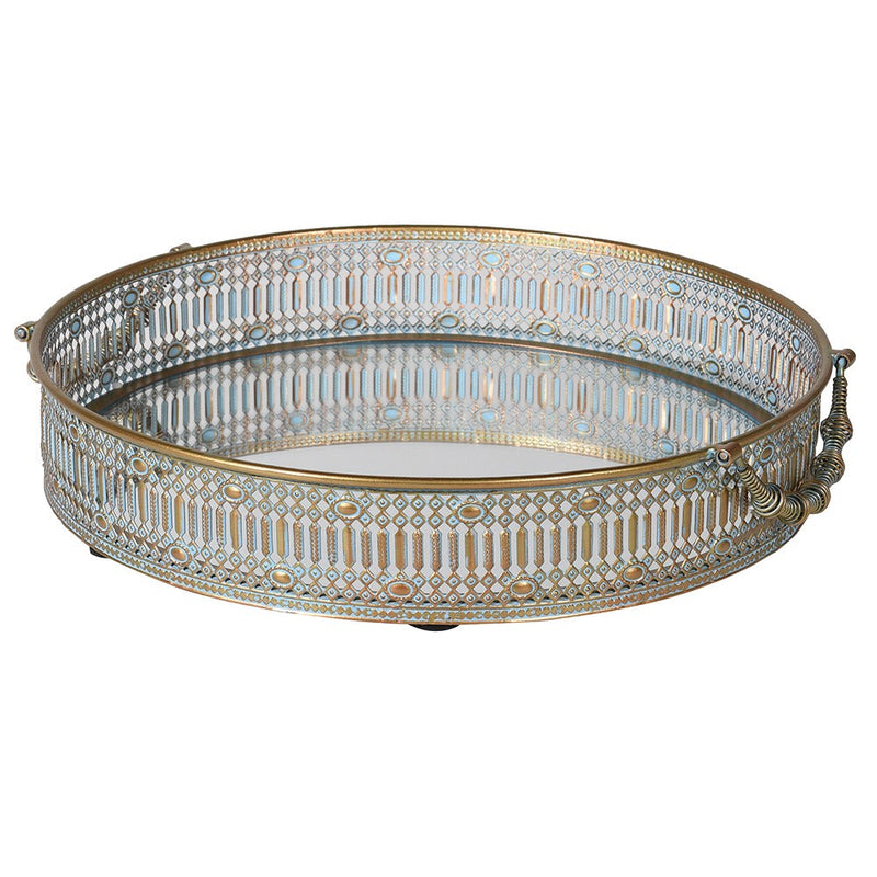 Distressed Gold And Blue Round Mirror Tray
