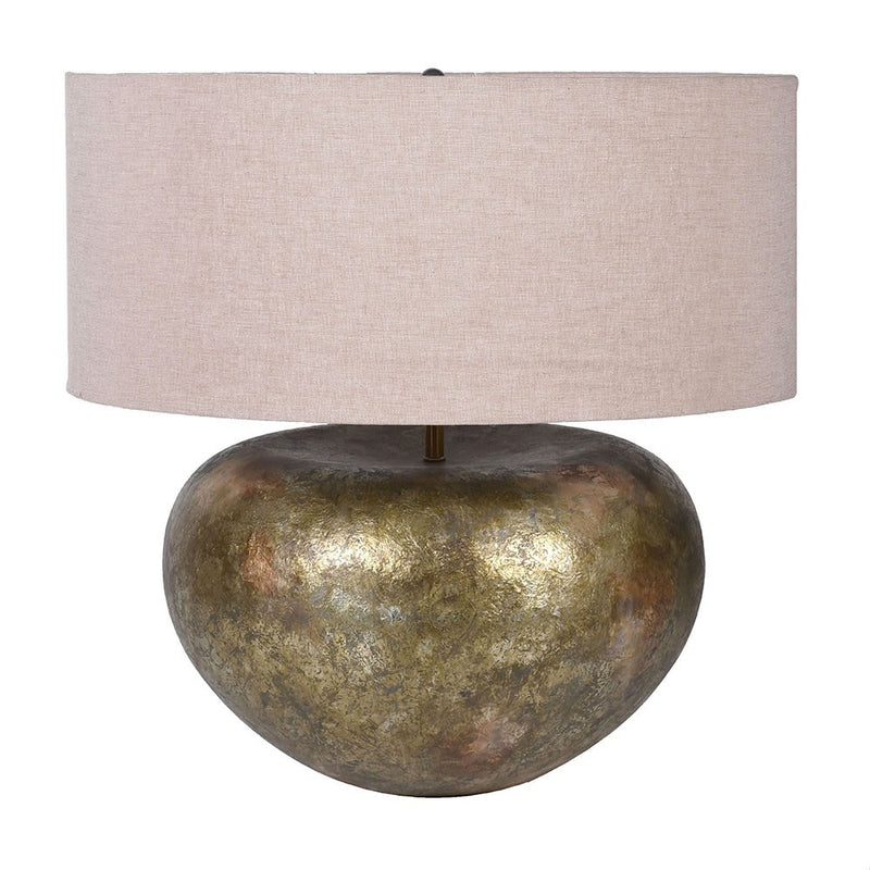 Gold Textured Squat Lamp With Linen Shade