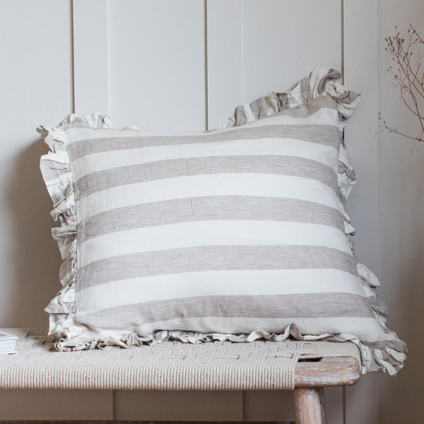 Natural Linen Stripe Ruffle Cushion