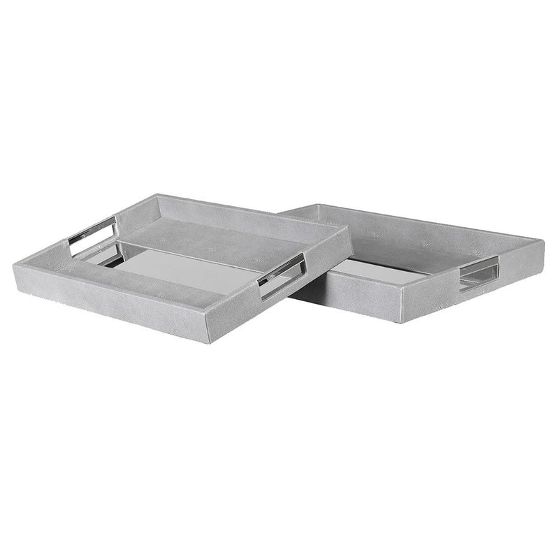 Set Of 2 Silver Trim Shagreen Trays