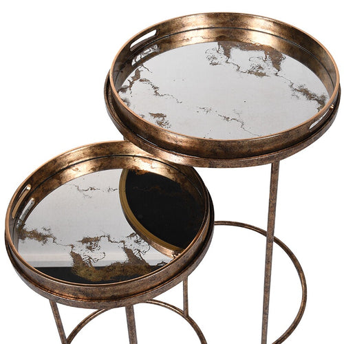 Set of 2 antiqued mirror round tables