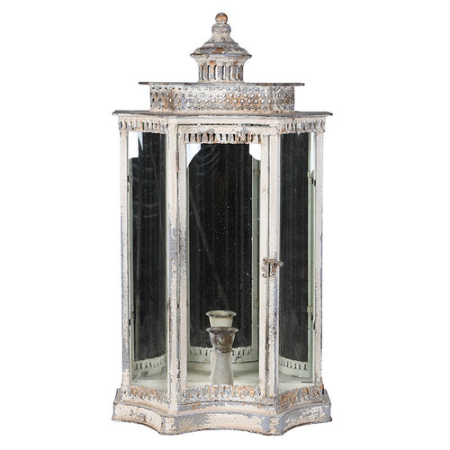 Distressed scalloped metal window lantern with flame reflecting mirror