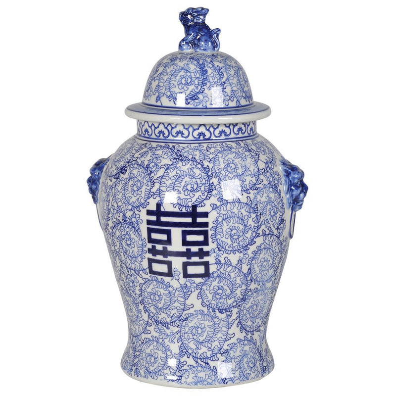 Large blue and white chinese style temple jar