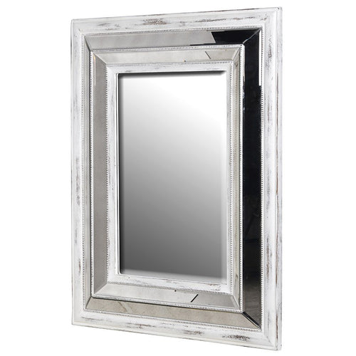 white wood and mirrored frame mirror