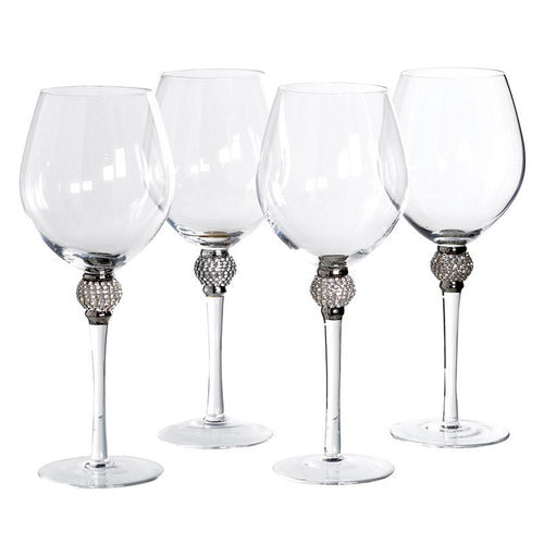 Silver Crystal Ball Diamante Red Wine Glasses Set of 4